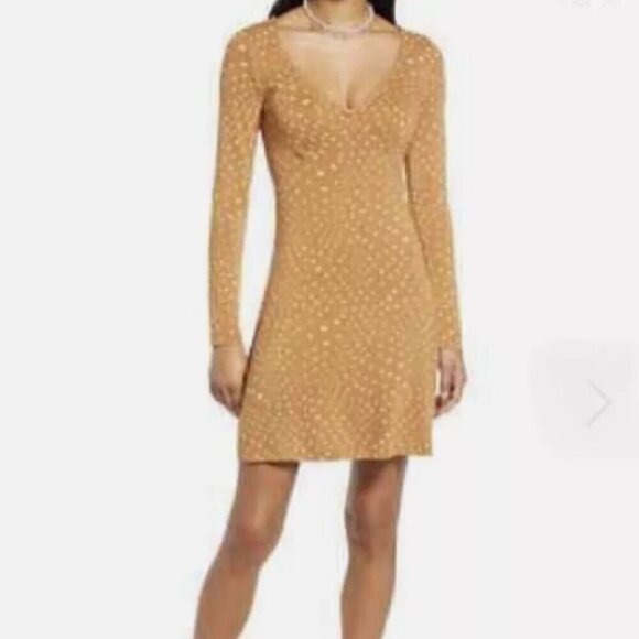 NWT BP Tan Polka Dot Long Sleeve V-Neck Sustainable Dress - Size: S - Picture 1 of 7